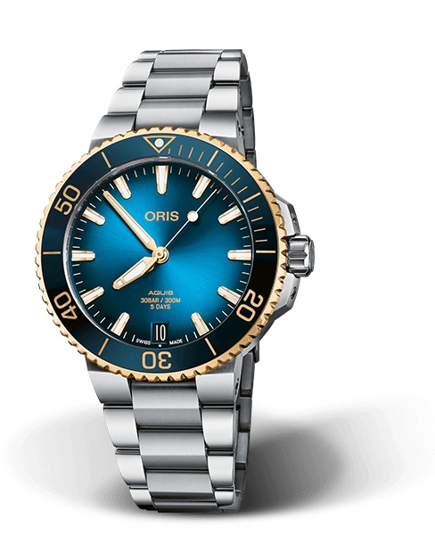 Oris 01 400 7769 6355-07 8 22 09PEB : Aquis Date Calibre 400 41.5 Stainless Steel - Yellow Gold / Blue / Bracelet