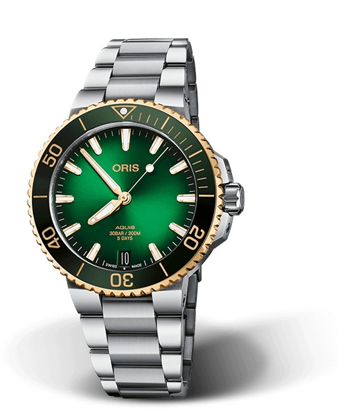 Oris 01 400 7769 6357-07 8 22 09PEB : Aquis Date Calibre 400 41.5 Staineless Steel - Yellow Gold / Green / Bracelet