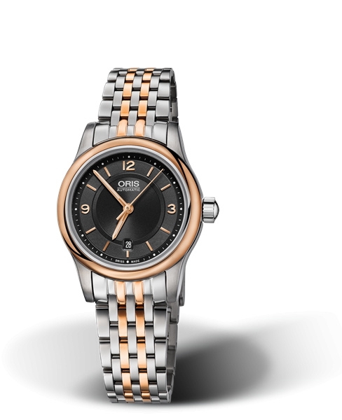 Oris 01 561 7650 4334-07 8 14 63 : Classic Date Lady 28.5 Stainless Steel - Rose Gold / Black / Bracelet