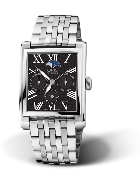Oris 01 581 7658 4074-07 8 23 82 : Rectangular Complication Stainless Steel / Black - Roman / Bracelet