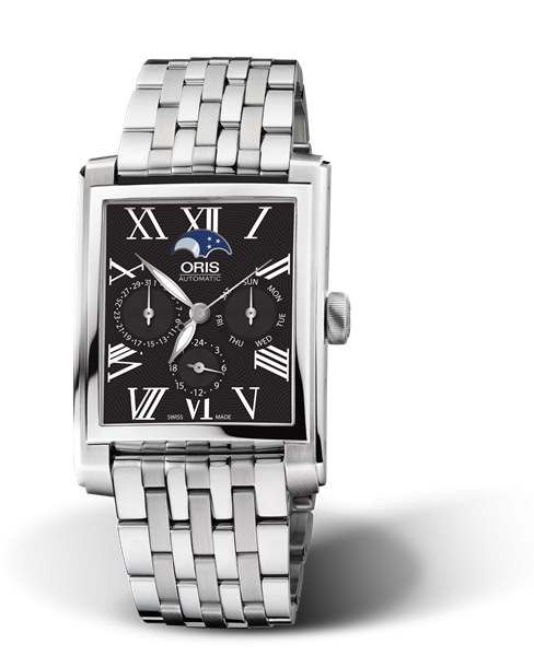 Oris 01 582 7658 4074-07 8 23 82 : Rectangular Complication Stainless Steel / Black - Roman / Bracelet