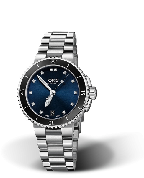Oris 01 733 7652 4195-07 8 18 01P : Aquis Date 36 Stainless Steel / Blue - Diamond / Bracelet