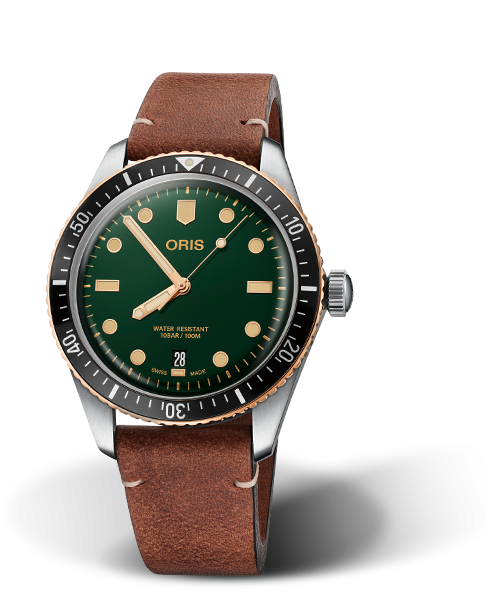 Oris 01 733 7707 4357-07 5 20 45 : Divers Sixty-Five 40 Stainless Steel / Bronze / Green / Calf