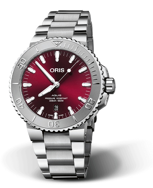 Oris 01 733 7730 4158-07 8 24 05PEB : Aquis Date 43.5 Relief Stainless Steel / Cherry / Bracelet