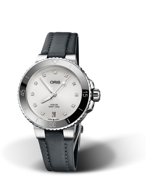 Oris 01 733 7731 4191-07 5 18 45FC : Aquis Date 36.5 Stainless Steel / White - Diamond / Textile