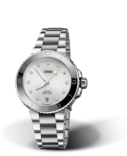 Oris 01 733 7731 4191-07 8 18 05P : Aquis Date 36.5 Stainless Steel / White - Diamond / Bracelet
