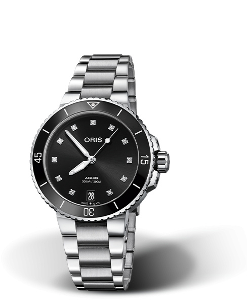 Oris 01 733 7731 4194-07 8 18 05P : Aquis Date 36.5 Stainless Steel / Black - Diamond / Bracelet
