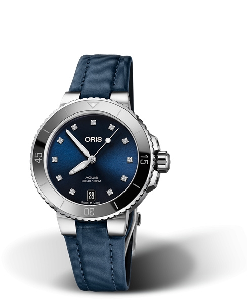 Oris 01 733 7731 4195-07 5 18 46FC : Aquis Date Diamonds 36.5 Stainless Steel / Blue - Diamond / Textile