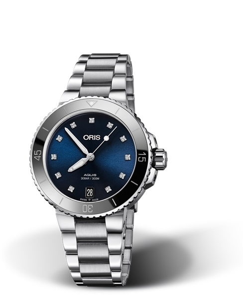 Oris 01 733 7731 4195-07 8 18 05P : Aquis Date 36.5 Stainless Steel / Blue - Diamond / Bracelet