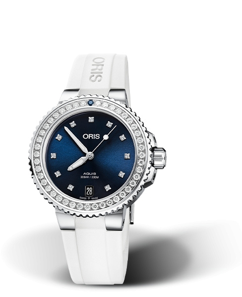 Oris 01 733 7731 4995-07 4 18 63FC : Aquis Date Diamonds 36.5 Stainless Steel / Blue - Diamond / Rubber