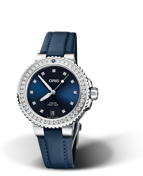 Oris 01 733 7731 4995-07 5 18 46FC : Aquis Date Diamonds 36.5 Stainless Steel - Diamond / Blue - Diamond / Textile