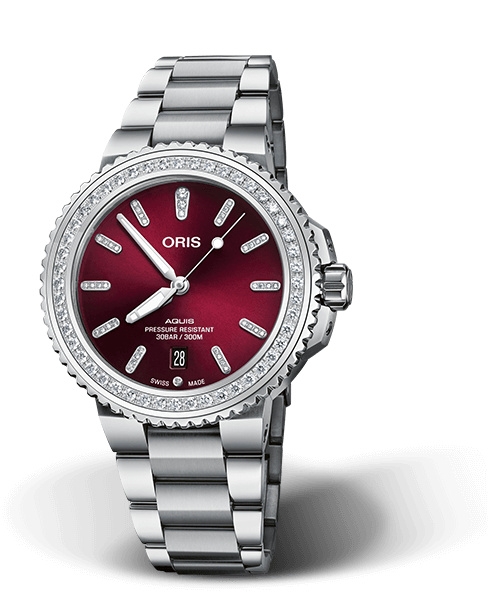 Oris 01 733 7766 4998-07 8 22 05PEB : Aquis Date Diamonds 41.5 Stainless Steel / Red / Bracelet