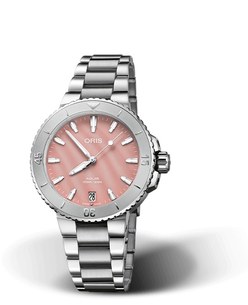 Oris 01 733 7770 4158-07 8 18 05P : Aquis Date 36.5 Stainless Steel / Pink MOP / Bracelet