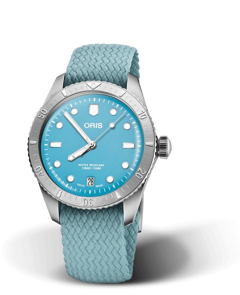 Oris 01 733 7771 4055-07 3 19 02S : Divers Sixty-Five 38 Cotton Candy Stainless Steel / Blue / Perlon