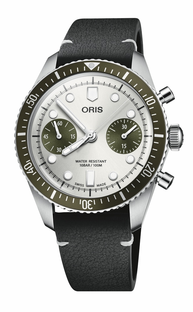 Oris 01 771 7791 4051-07 6 20 01 : Divers Sixty-Five 40 Chronograph Stainless Steel / Silver - Green / Strap