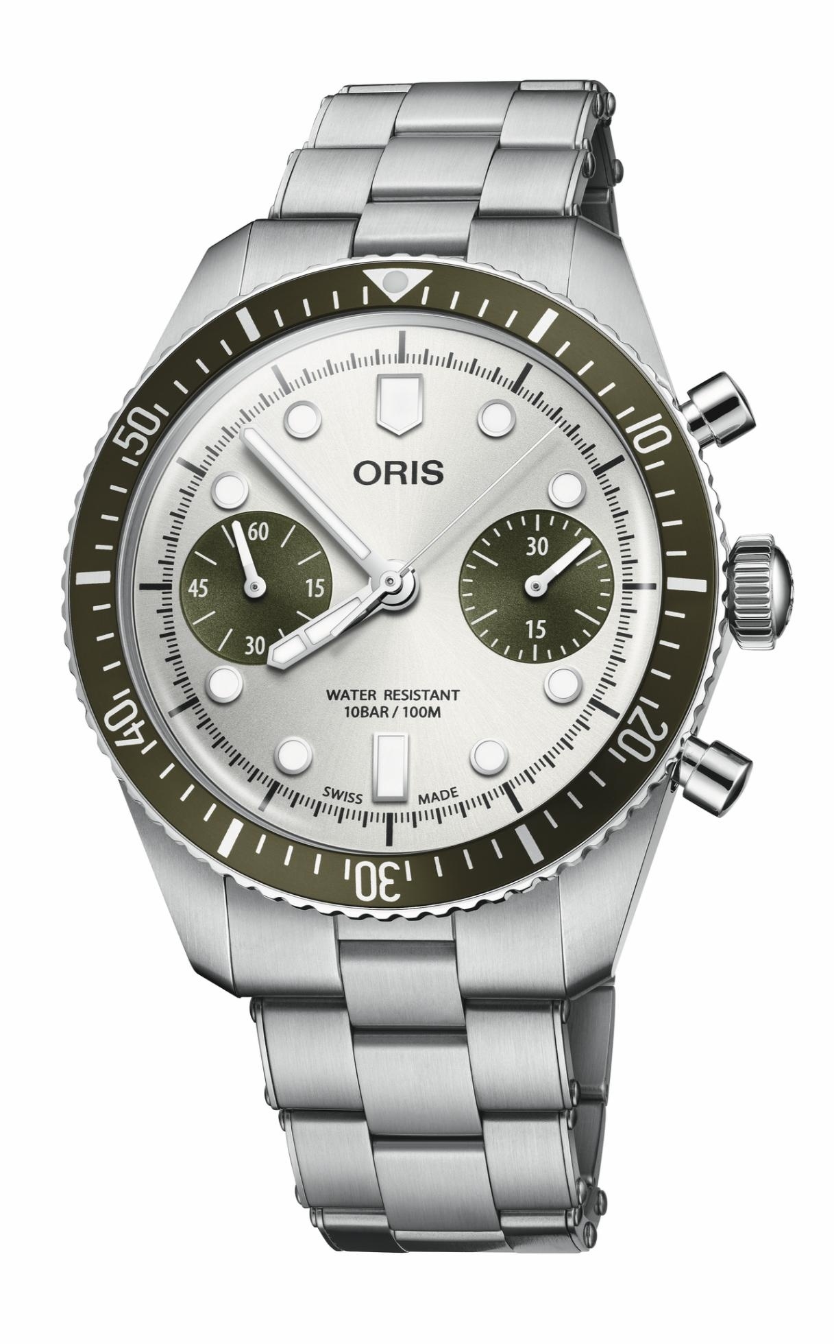 Oris 01 771 7791 4051-07 8 20 18 : Divers Sixty-Five 40 Chronograph Stainless Steel / Silver - Green / Bracelet