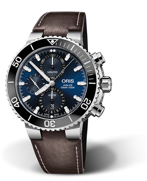 Oris 01 774 7743 4155-07 5 24 10EB : Aquis Chronograph 45.5 Stainless Steel / Blue / Calf