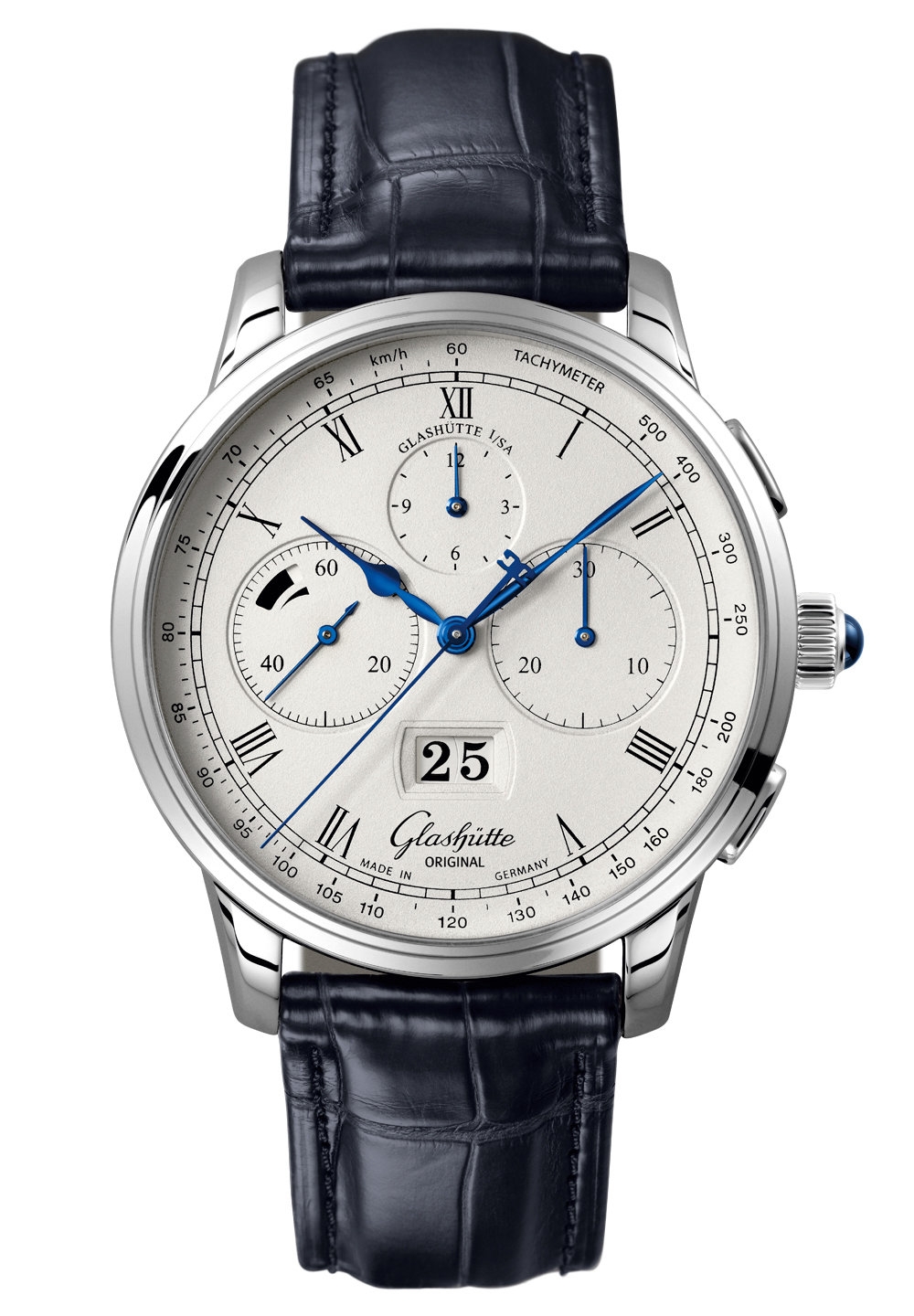 Glashütte Original 1-37-01-02-03-50 : Senator Chronograph Panorama Date Platinum / Silver / Alligator / Folding