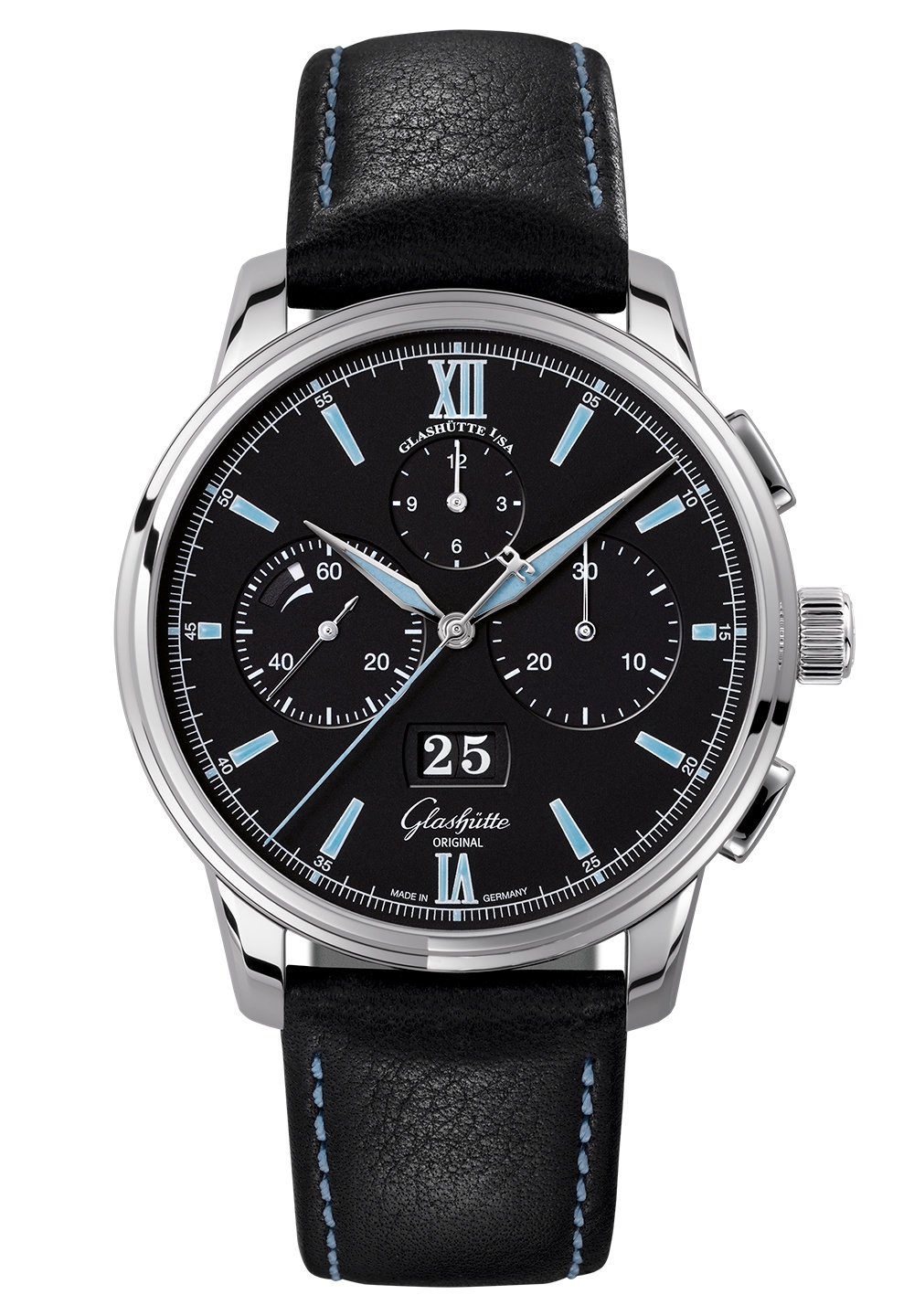 Glashütte Original 1-37-01-03-02-55 : Senator Chronograph Panorama Date Stainless Steel / Black / Calf - Folding