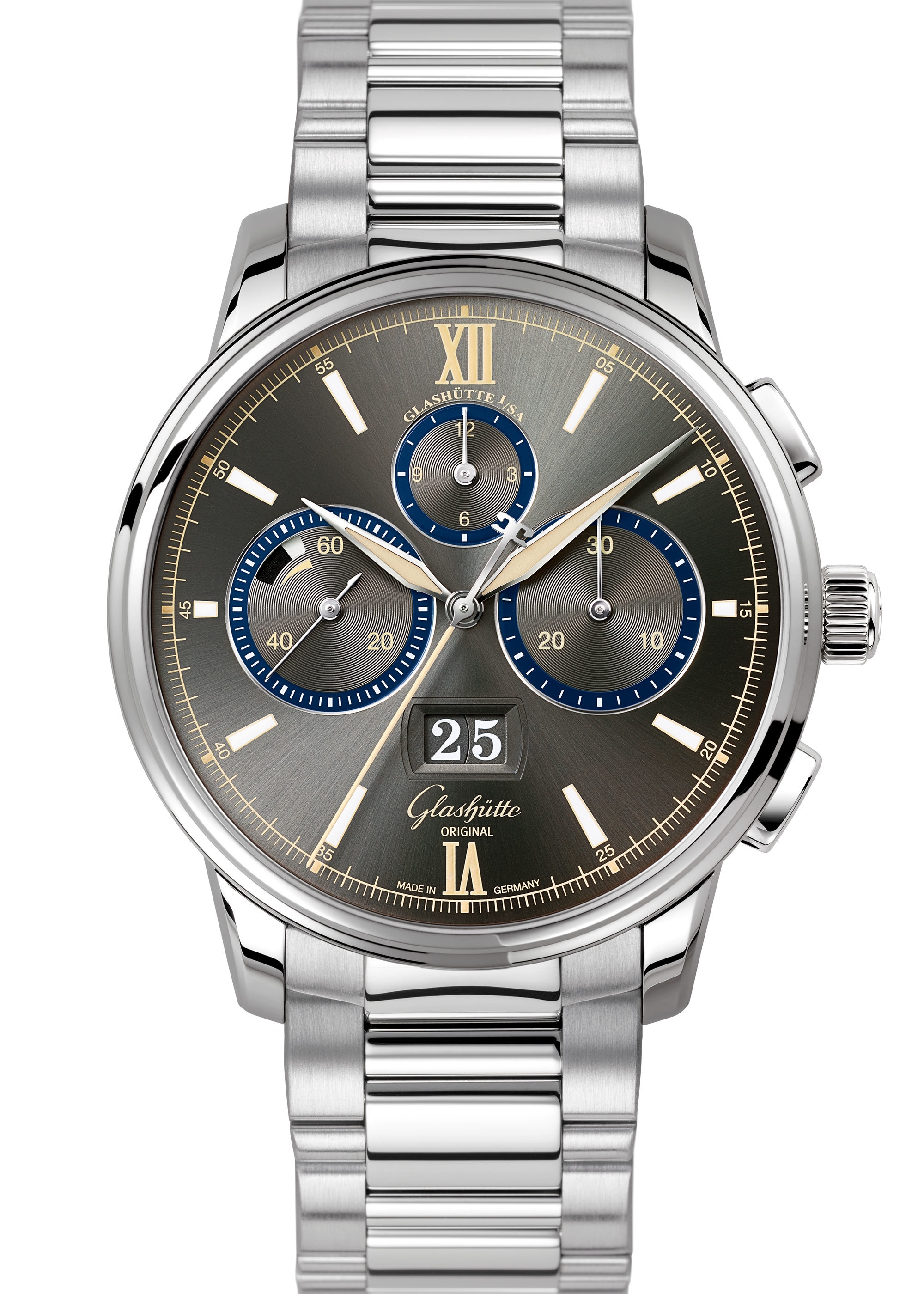 Glashütte Original 1-37-01-04-02-70 : Senator Chronograph Panorama Date Capital Edition Stainless Steel / Grey / Calf / Bracelet