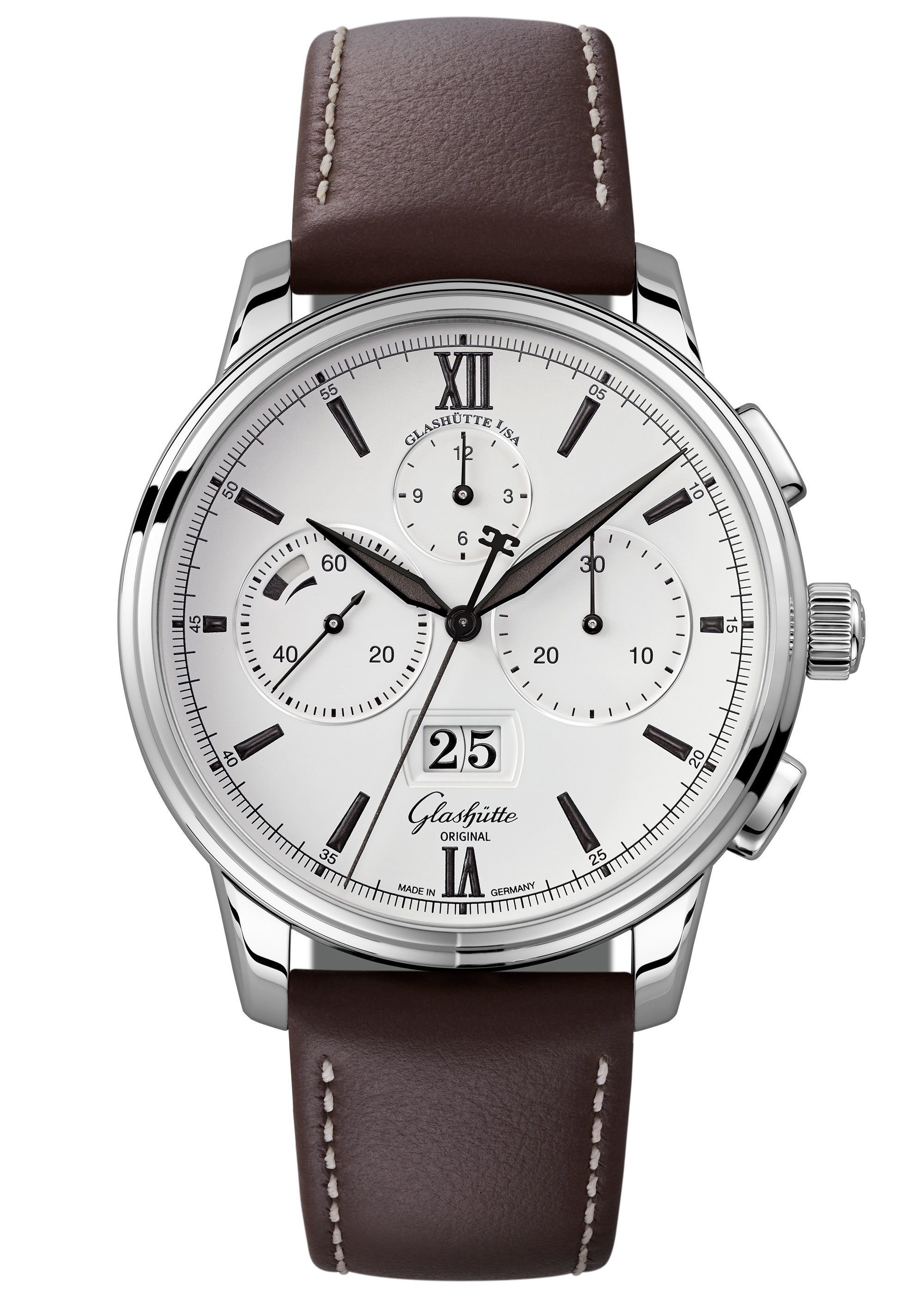 Glashütte Original 1-37-01-05-02-35 : Senator Chronograph Panorama Date Stainless Steel / Silver / Calf / Folding