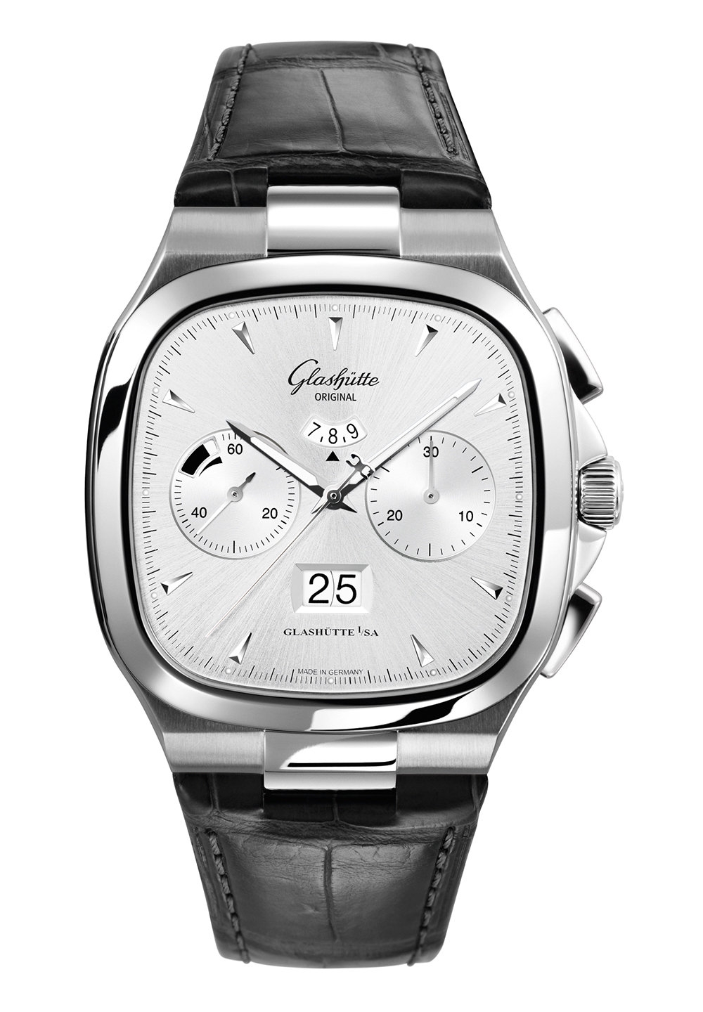 Glashütte Original 1-37-02-02-02-30 : Seventies Chronograph Panorama Date Silver / Alligator / Folding