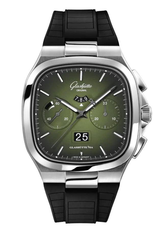 Glashütte Original 1-37-02-09-02-63 : Seventies Chronograph Panorama Date Green / Rubber - Folding
