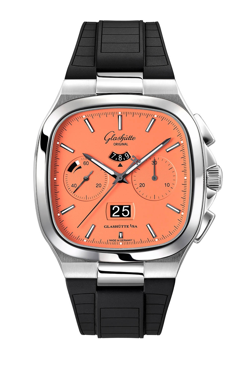 Glashütte Original 1-37-02-11-02-63 : Seventies Chronograph Panorama Date Vibing Orange / Rubber / Folding