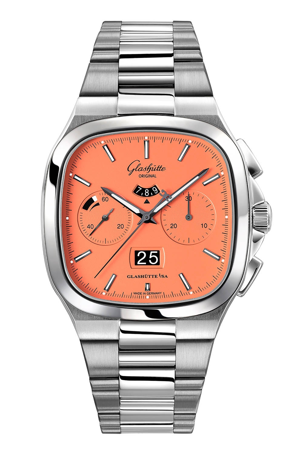 Glashütte Original 1-37-02-11-02-70 : Seventies Chronograph Panorama Date Vibing Orange / Bracelet