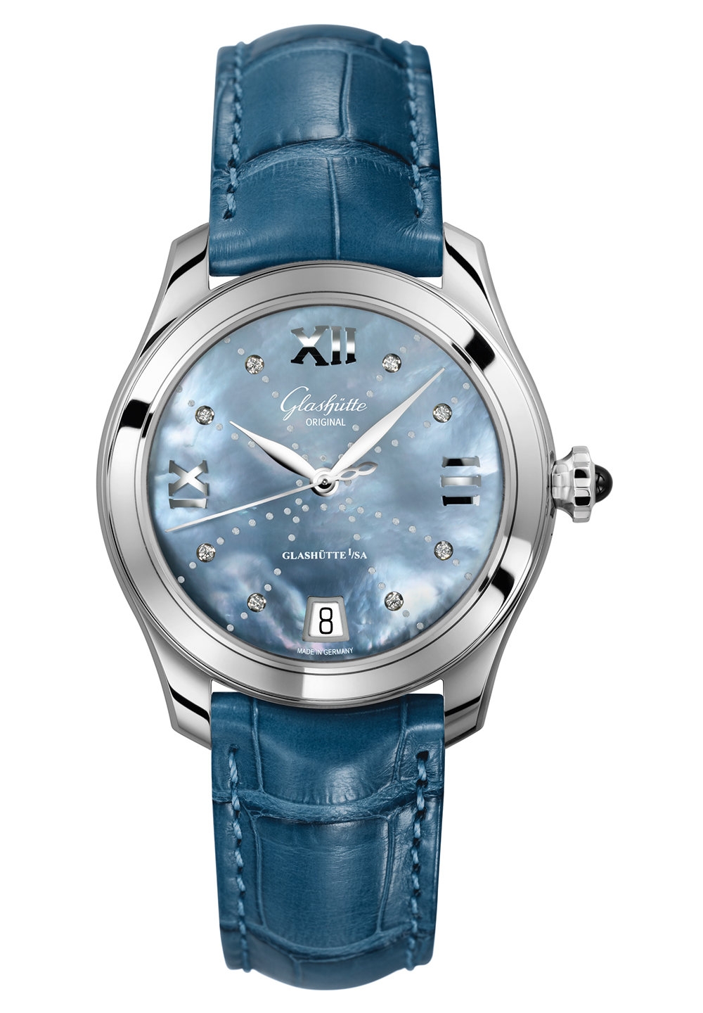 Glashütte Original 1-39-22-11-02-04 : Lady Serenade Stainless Steel / Blue MOP - Index Line / Alligator - Folding