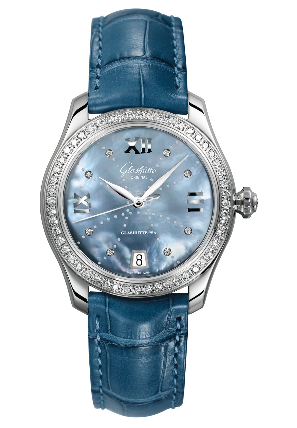 Glashütte Original 1-39-22-11-22-04 : Lady Serenade Stainless Steel / Diamond / Blue MOP - Index Line / Alligator - Folding