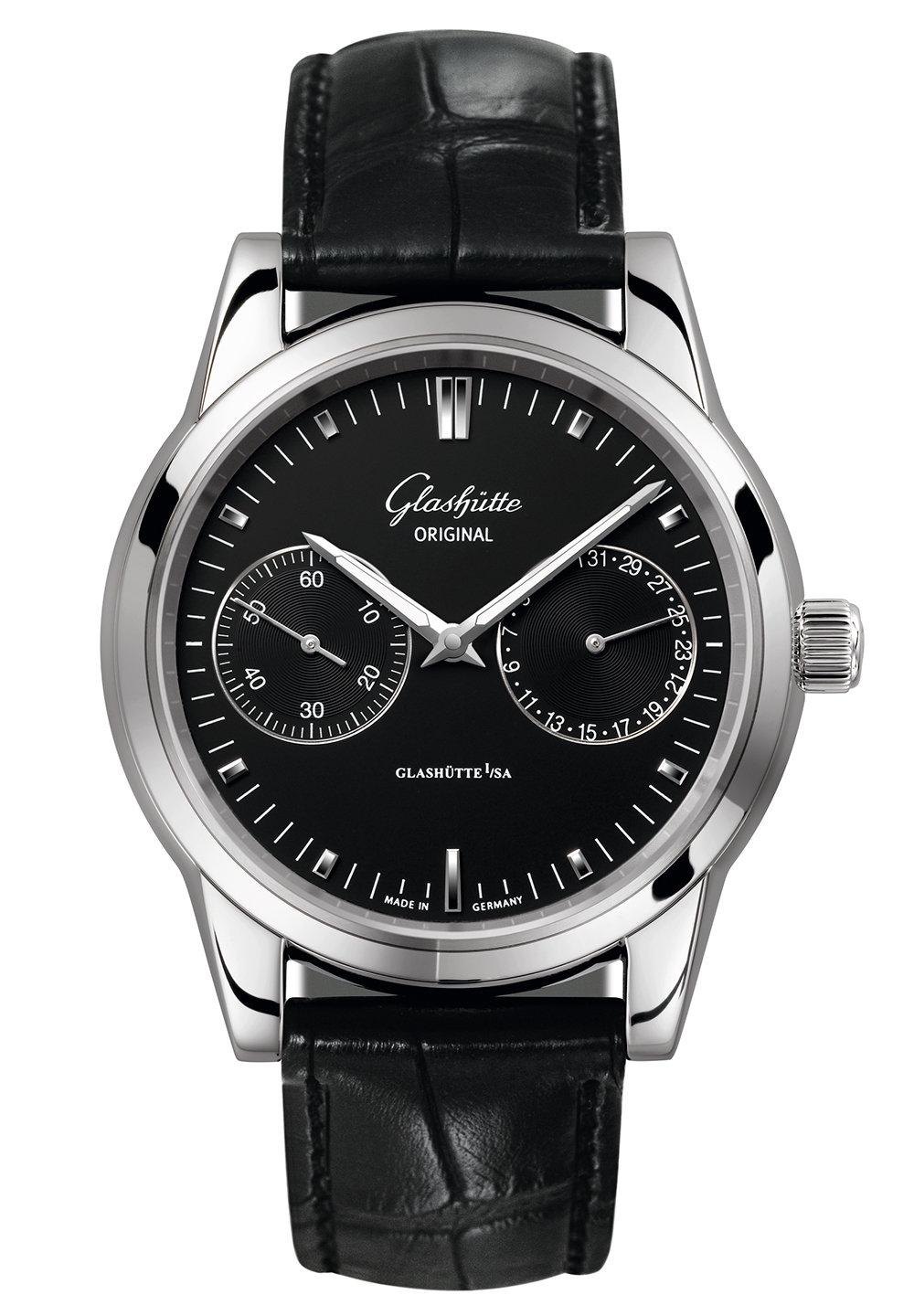 Glashütte Original 1-39-58-01-02-04 : Senator Hand Date Stainless Steel / Black / Alligator / Pin