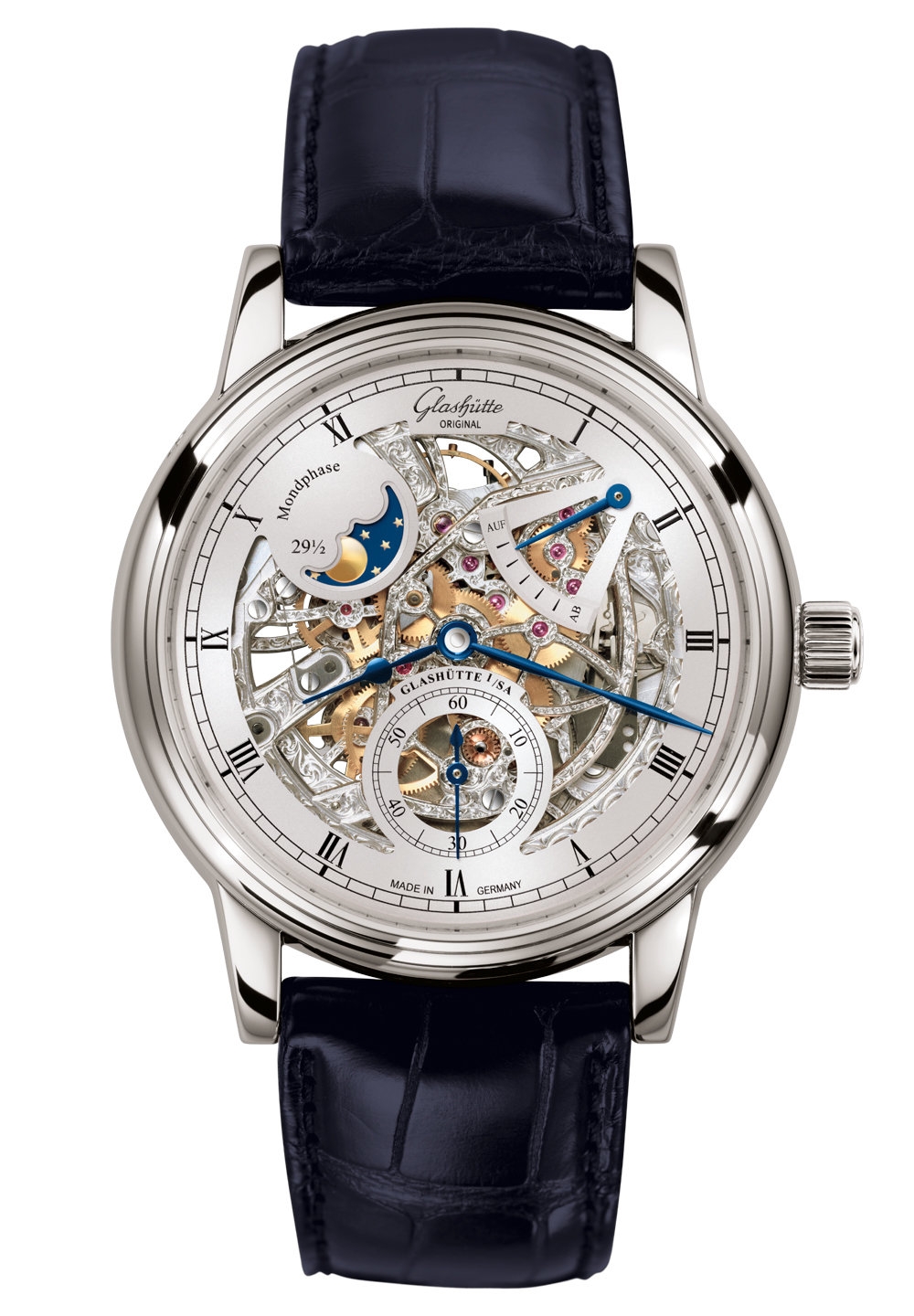 Glashütte Original 1-49-13-15-04-50 : Senator Moon Phase White Gold / Skeleton / Alligator / Folding