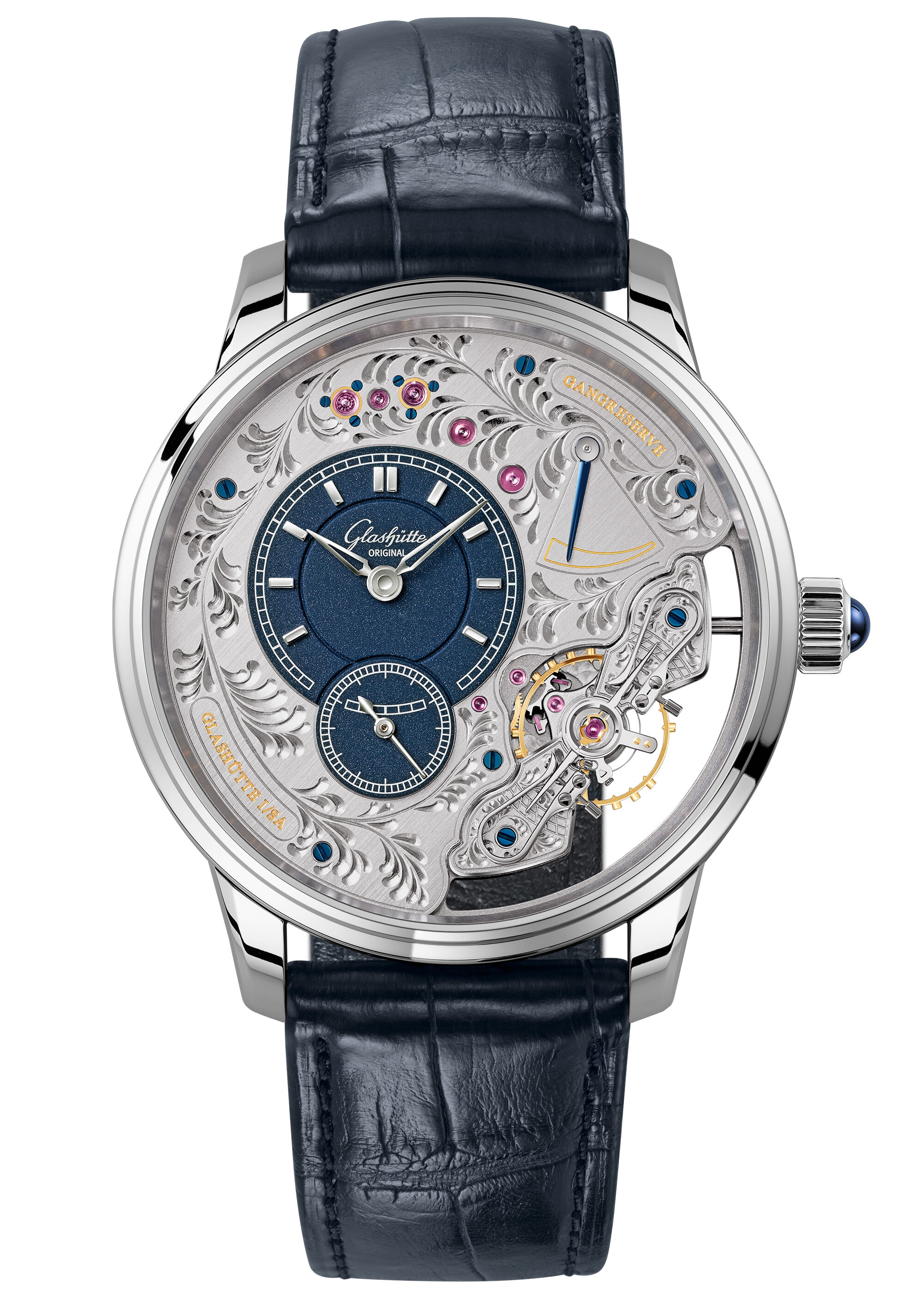 Glashütte Original 1-66-08-01-03-30 : PanoInverse Platinum / Blue / Alligator / Folding