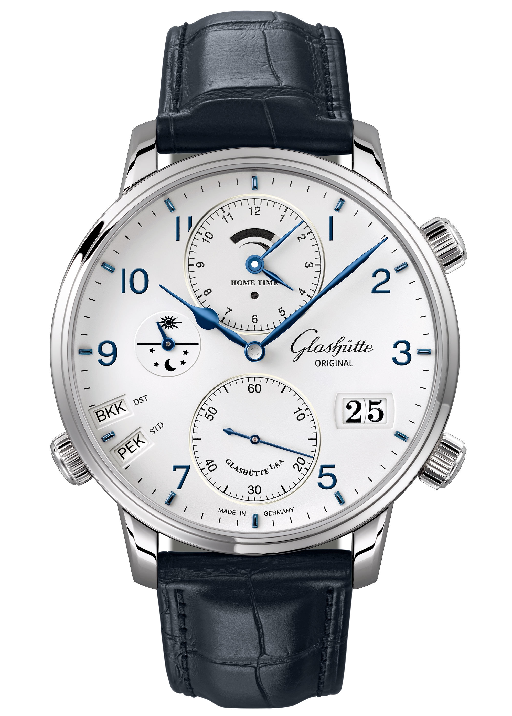 Glashütte Original 1-89-02-03-02-50 : Senator Cosmopolite Stainless Steel / Silver-Arabic / Alligator / Folding