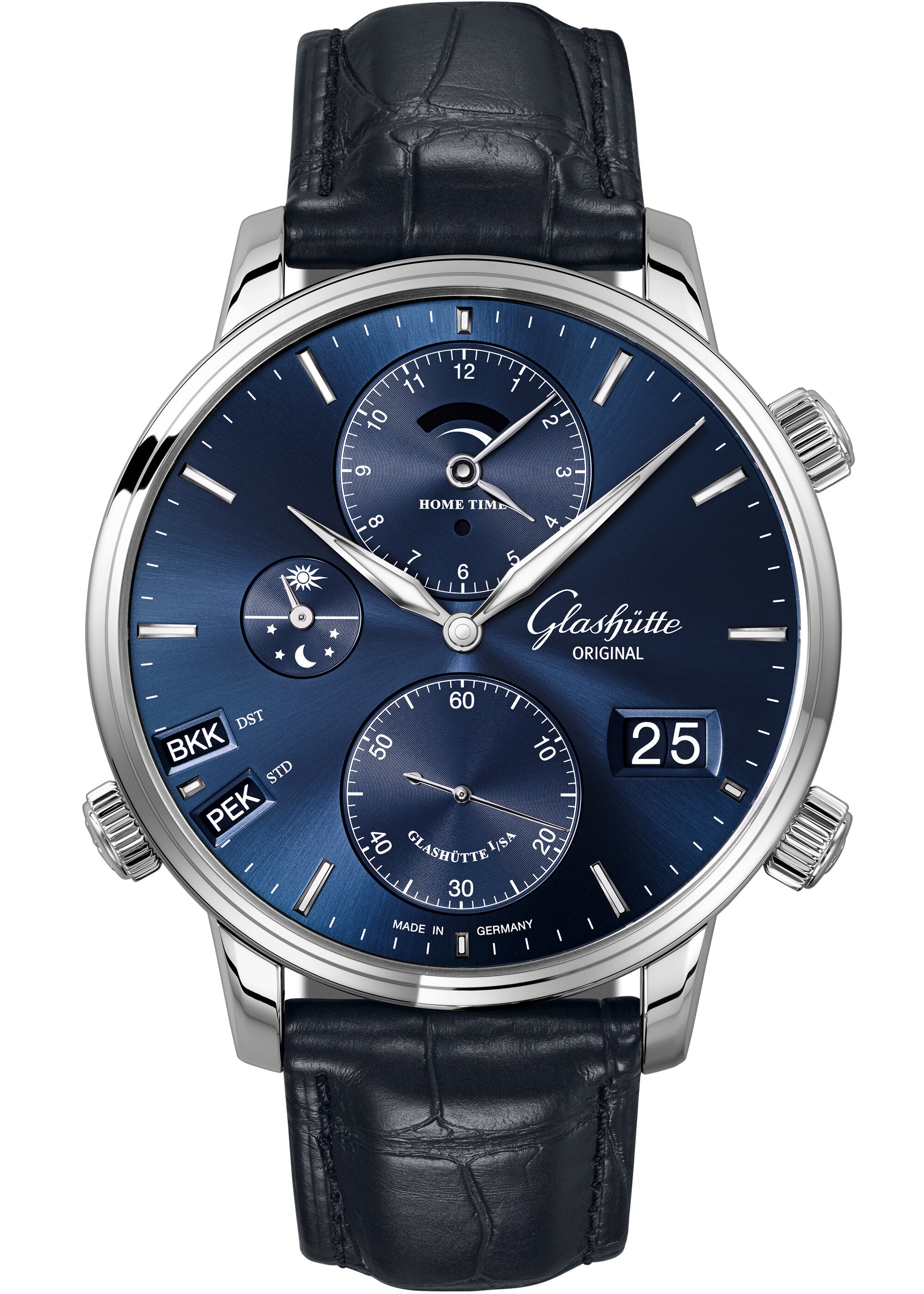 Glashütte Original 1-89-02-05-02-01 : Senator Cosmopolite Stainless Steel / Blue / Alligator / Pin