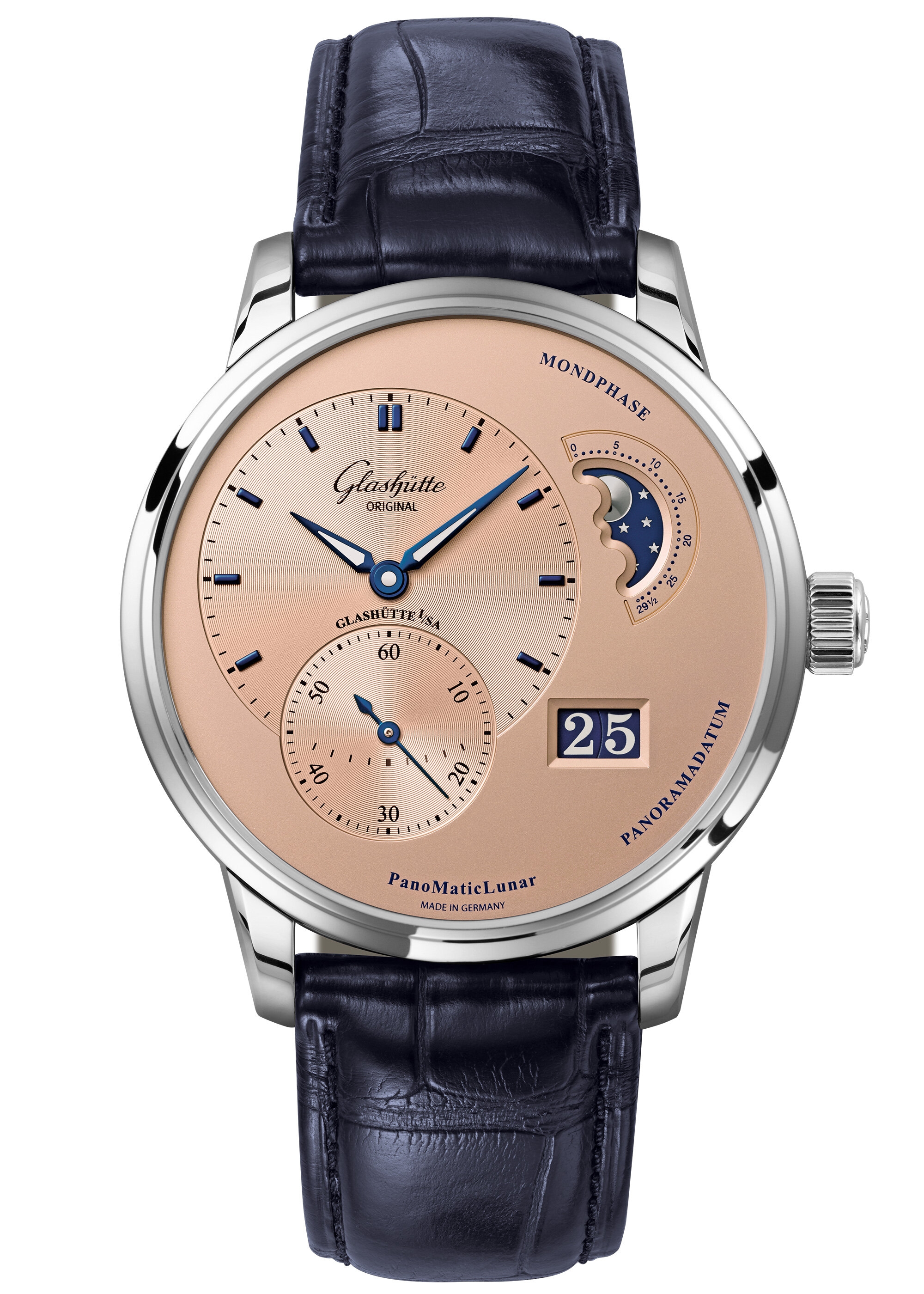 Glashütte Original 1-90-02-12-32-30 : PanoMatic Lunar Stainless Steel / Rose / Alligator / Folding