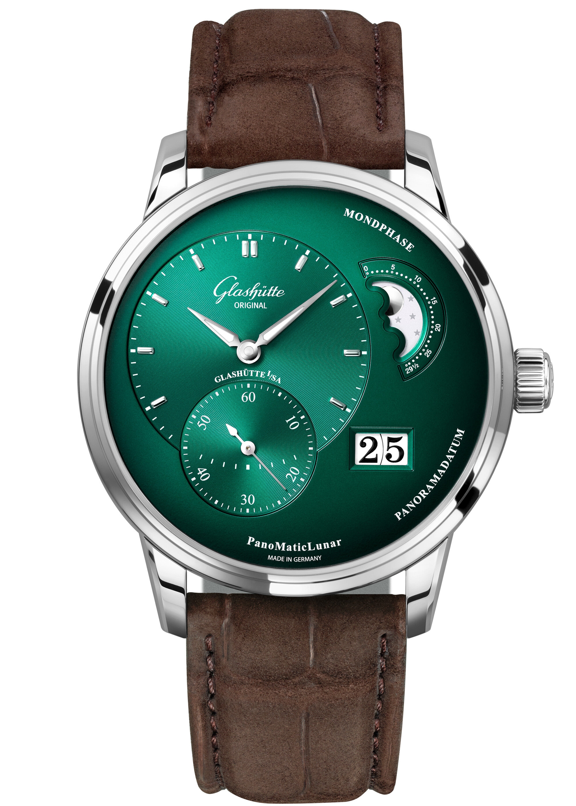 Glashütte Original 1-90-02-13-32-31 : PanoMatic Lunar Stainless Steel / Green / Alligator / Folding
