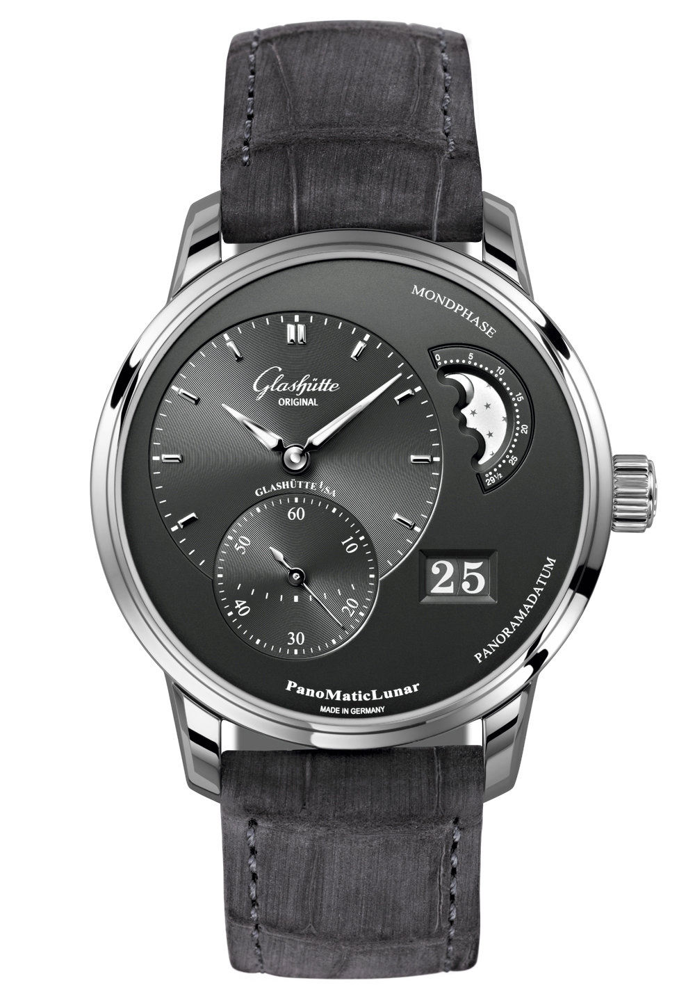 Glashütte Original 1-90-02-43-32-05 : PanoMatic Lunar Stainless Steel / Grey / Alligator / Folding
