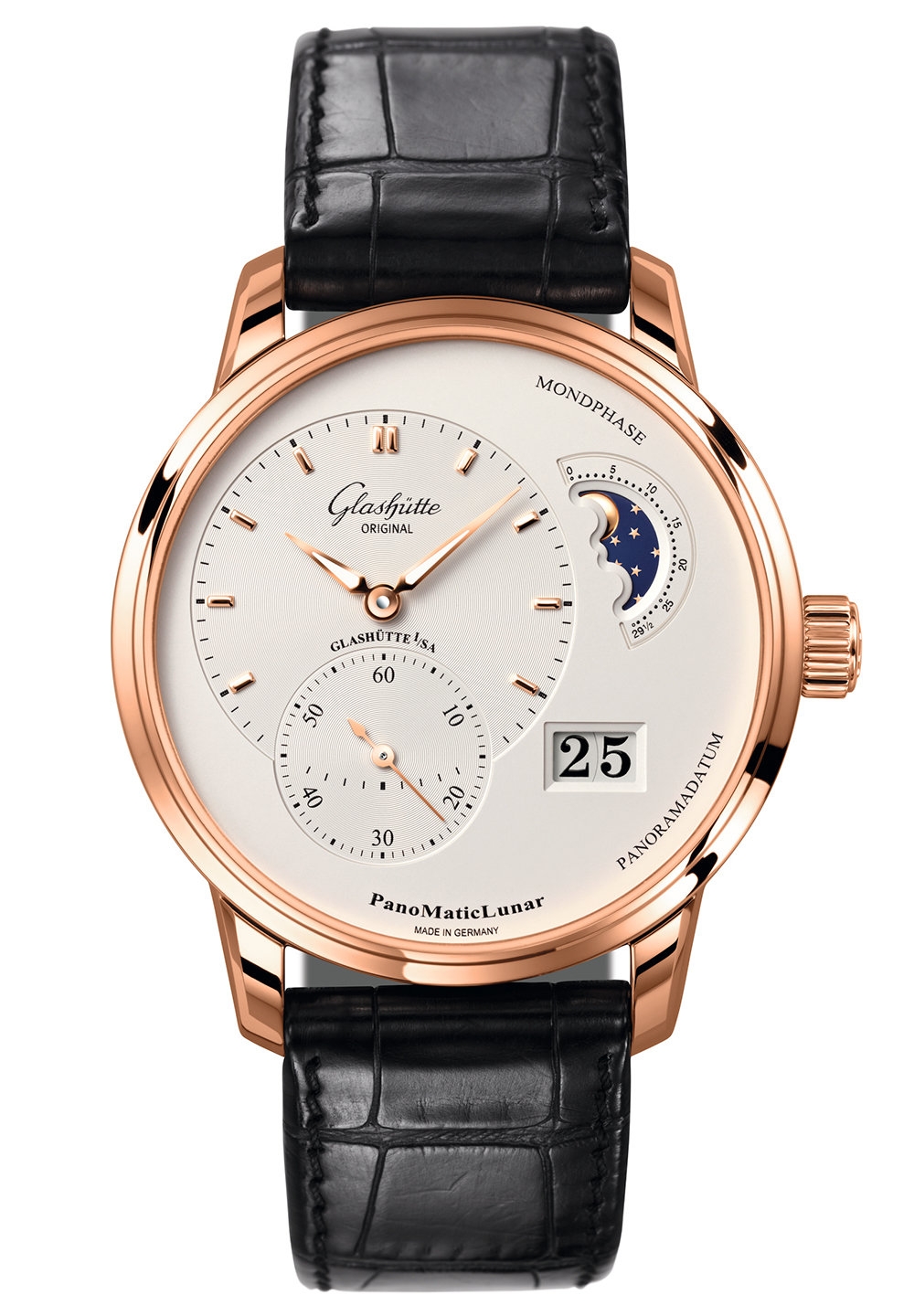 Glashütte Original 1-90-02-45-35-01 : PanoMatic Lunar Red Gold / Silver / Alligator / Pin