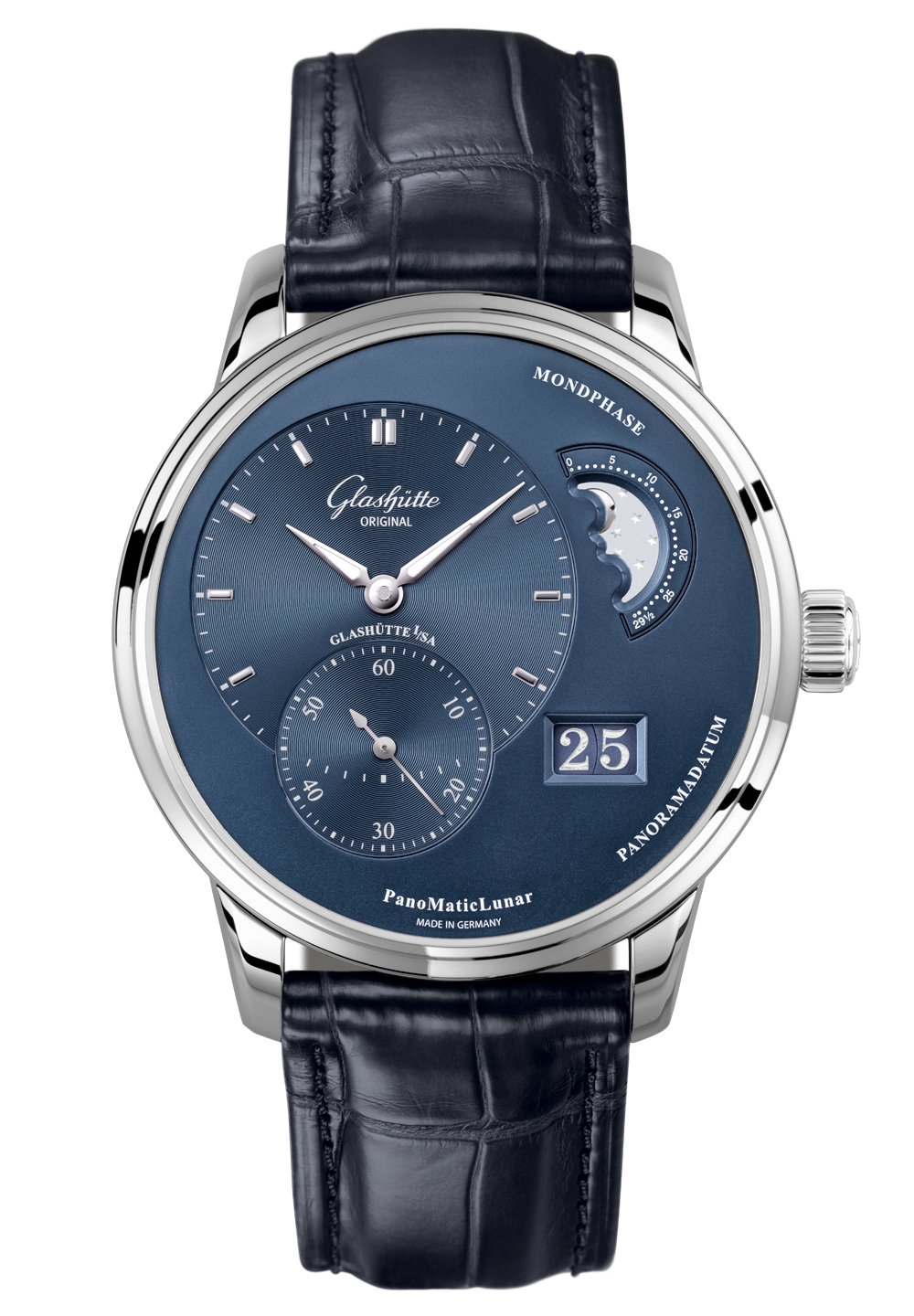 Glashütte Original 1-90-02-46-32-01 : PanoMatic Lunar Stainless Steel / Blue / Alligator - Pin