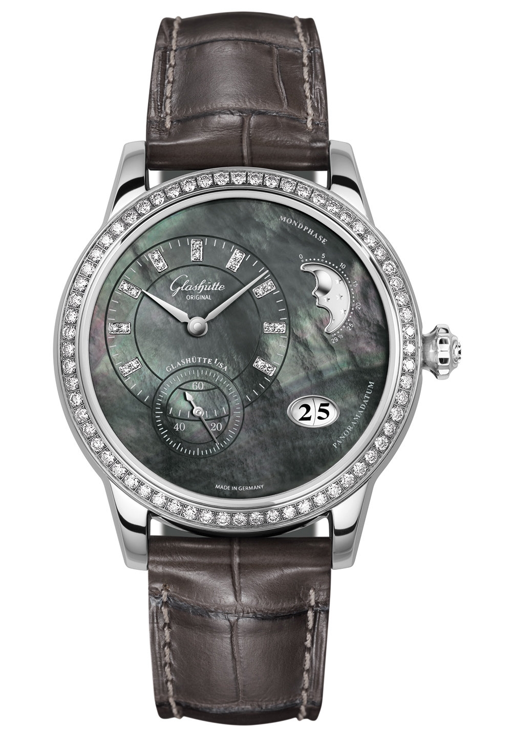Glashütte Original 1-90-12-02-12-02 : PanoMatic Luna Stainless Steel / Diamond / Tahiti MOP / Alligator / Pin