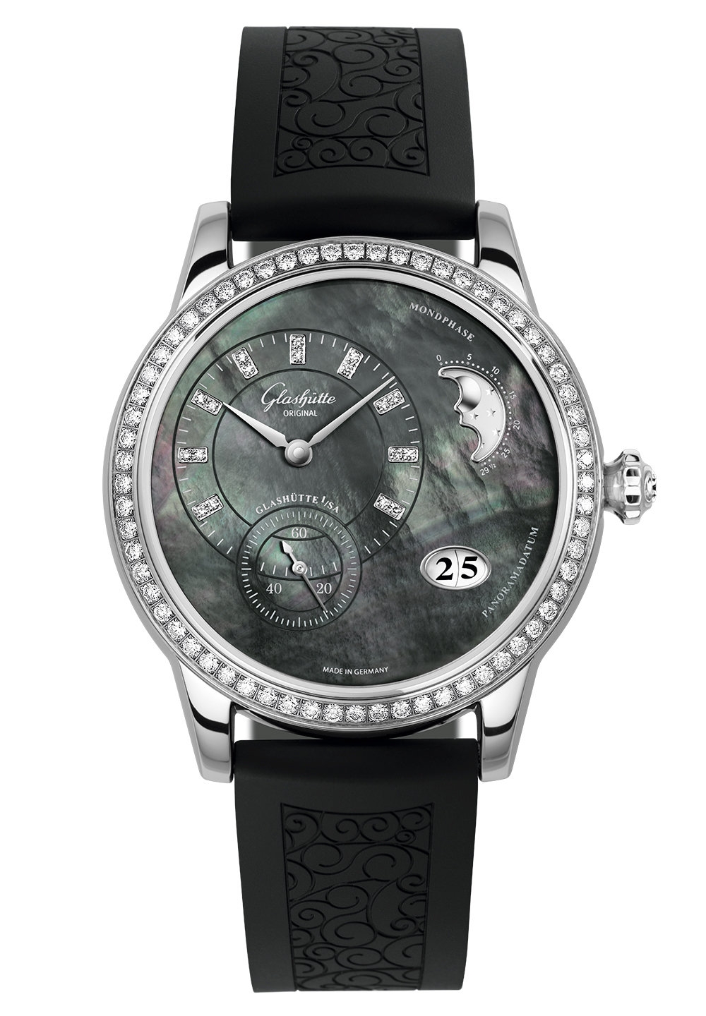 Glashütte Original 1-90-12-02-12-04 : PanoMatic Luna Stainless Steel / Tahiti MOP /  Rubber / Pin
