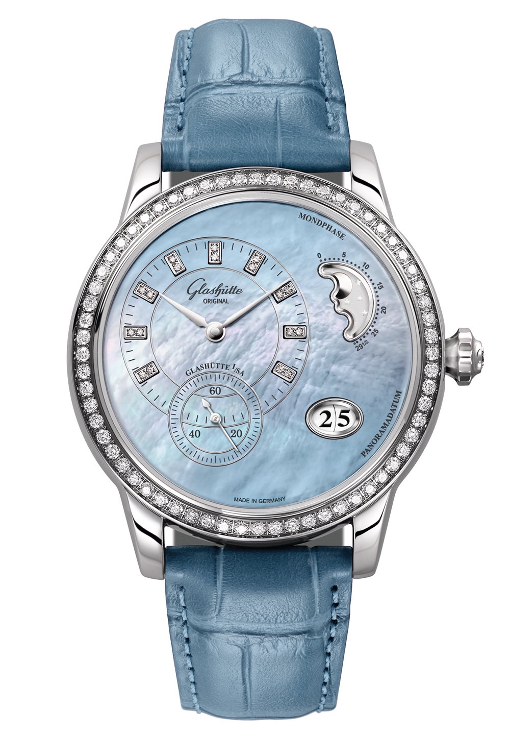 Glashütte Original 1-90-12-03-12-02 : PanoMatic Luna Stainless Steel / Diamond / Blue MOP / Alligator / Pin