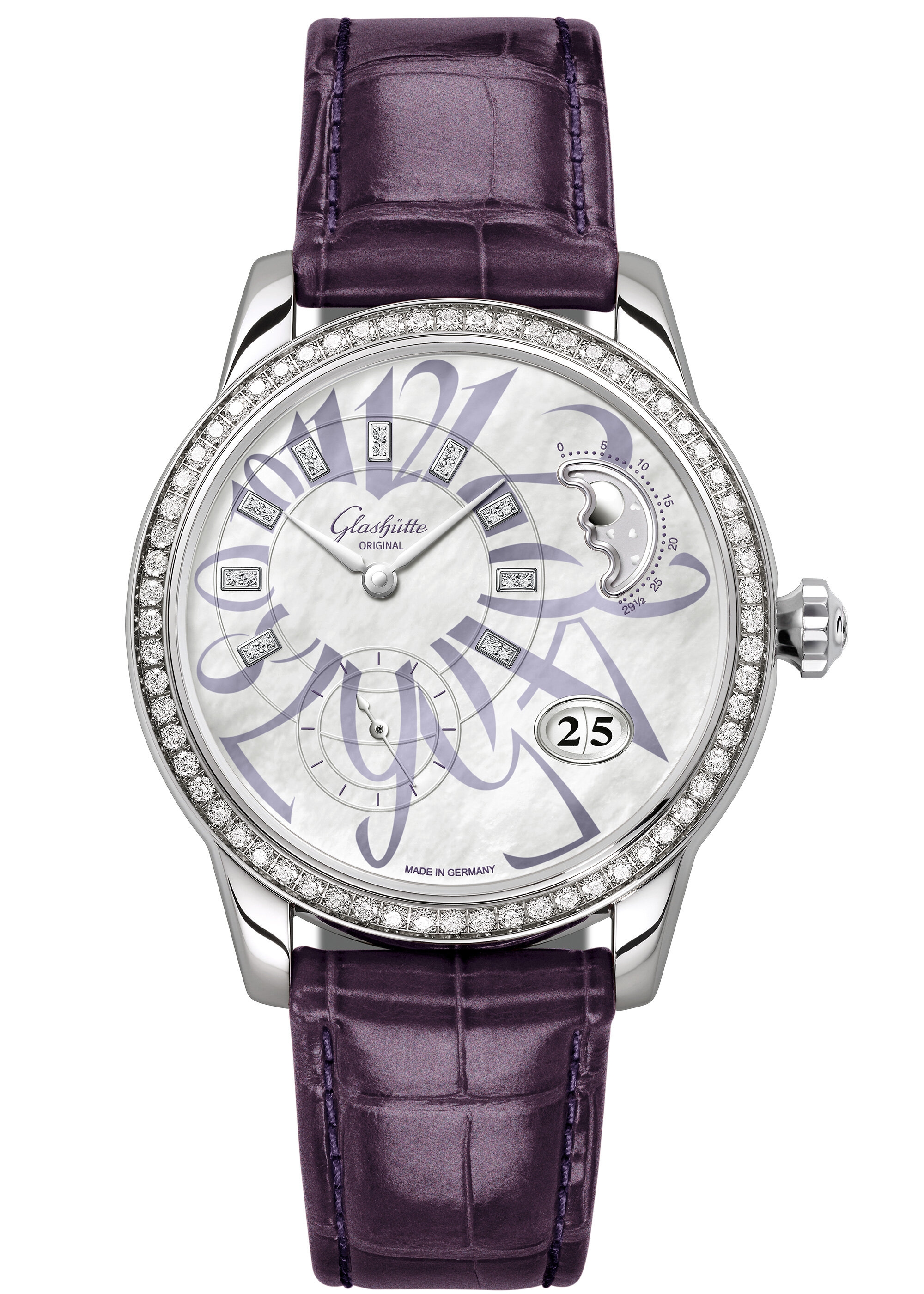 Glashütte Original 1-90-12-06-12-01 : PanoMatic Luna Stainless Steel / Diamond / MOP / Alligator / Pin
