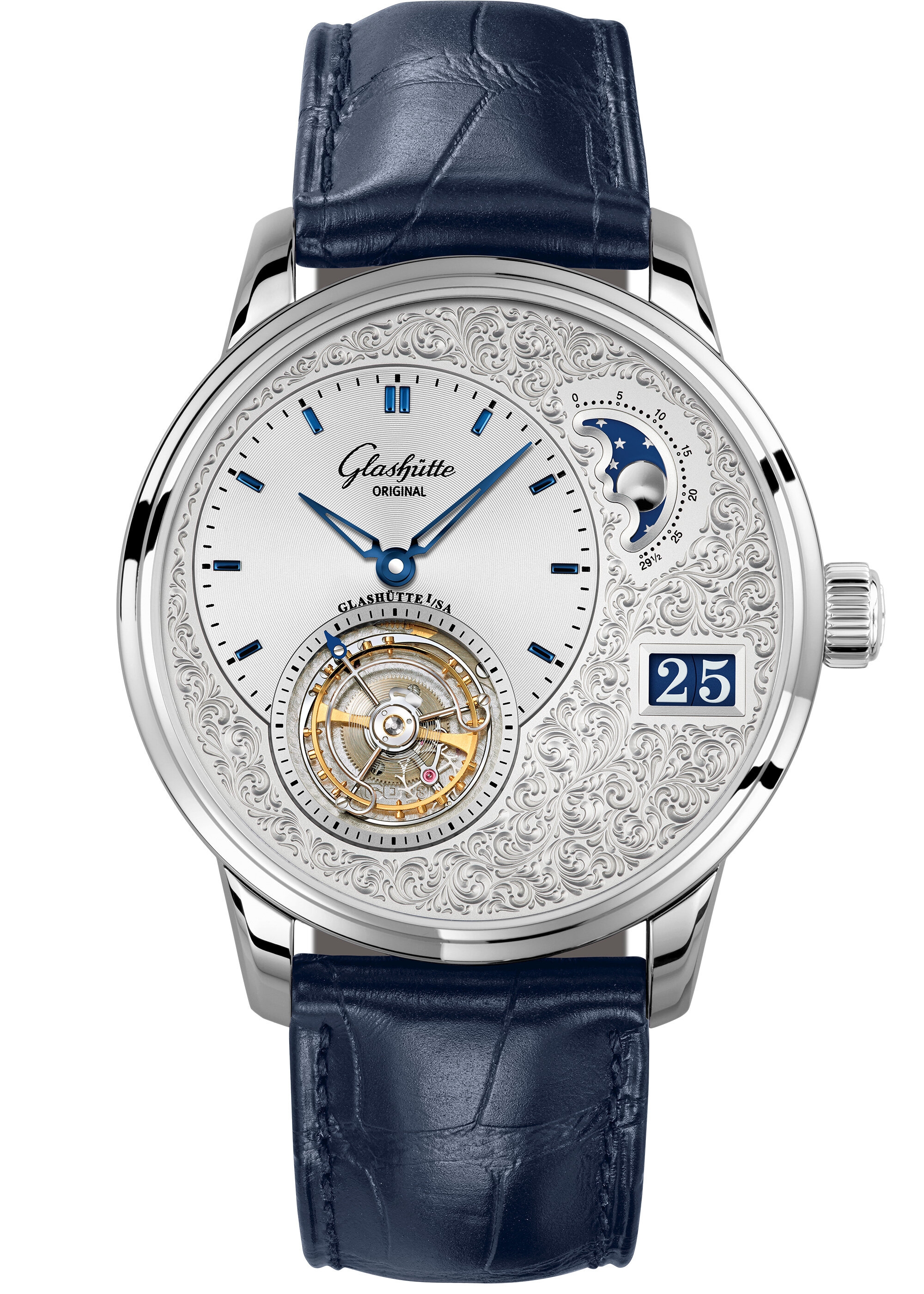 Glashütte Original 1-93-12-01-03-30 : PanoLunar Tourbillon Platinum / Hand-Engraved / Alligator - Folding