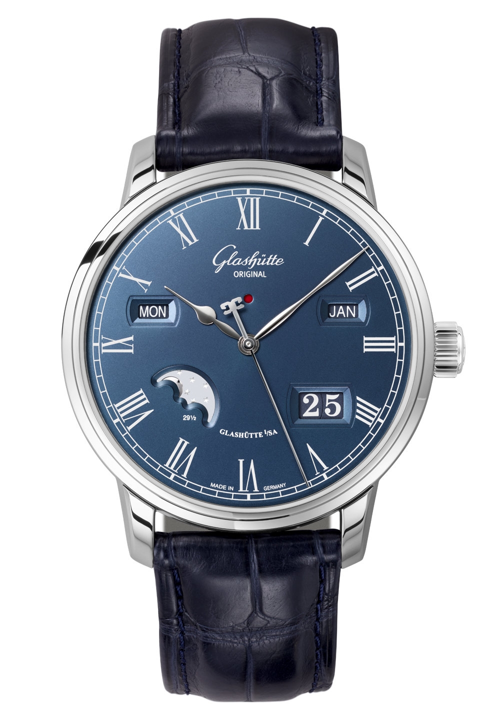 Glashütte Original 100-02-07-12-50 : Senator Perpetual Calendar Stainless Steel / Blue / Alligator / Folding
