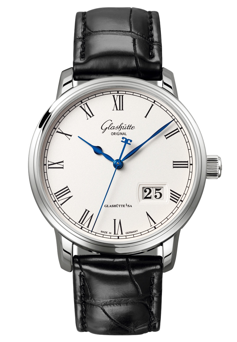 Glashütte Original 100-03-32-42-04 : Senator Panorama Date Stainless Steel / Silver / Alligator / Folding
