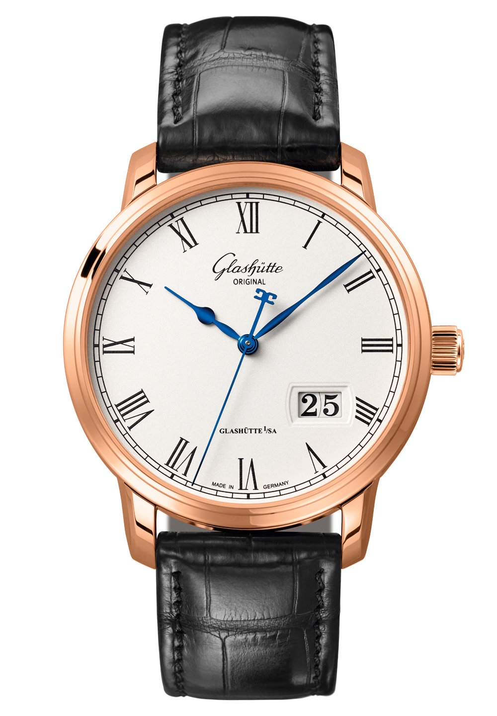 Glashütte Original 100-03-32-45-04 : Senator Panorama Date Red Gold / Silver / Alligator / Folding