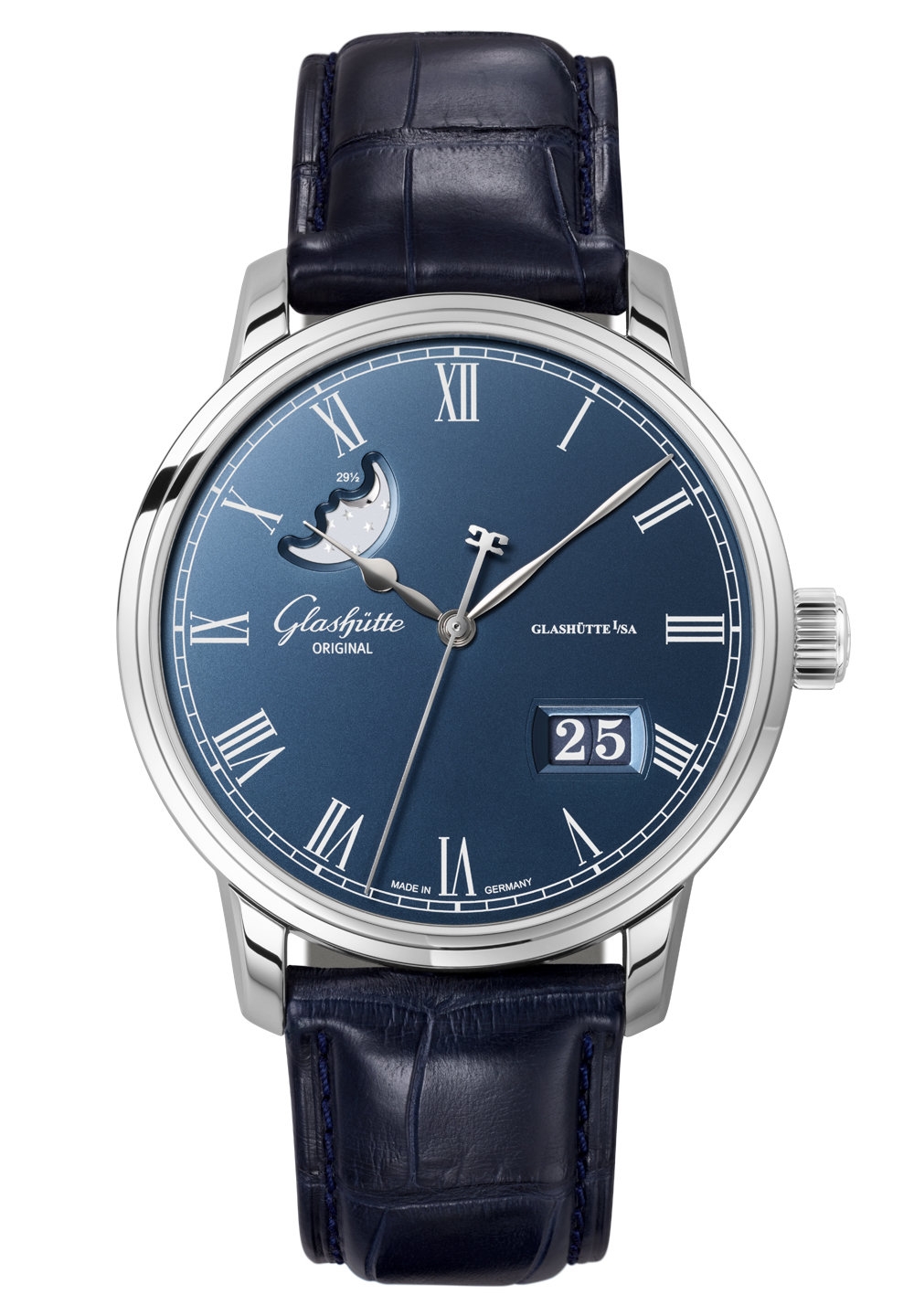 Glashütte Original 100-04-05-12-01 : Senator Panorama Date Moonphase Stainless Steel / Blue / Alligator / Pin